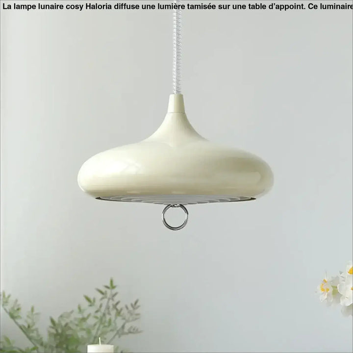 Suspension luminaire haus en émail crème brillant forme goutte d eau avec anneau métal argenté base vintage