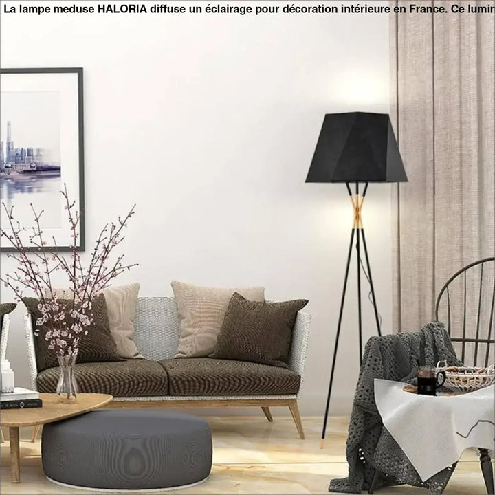 Lampe meduse lampe avec abat-jour géométrique noir et accents dorés sur pied trépied pour table d’appoint décoration plus