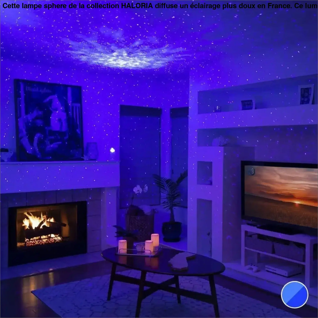 Lampe sphere haloria projecteur de plafond violet étoilé diffusant un motif céleste pour table d’appoint