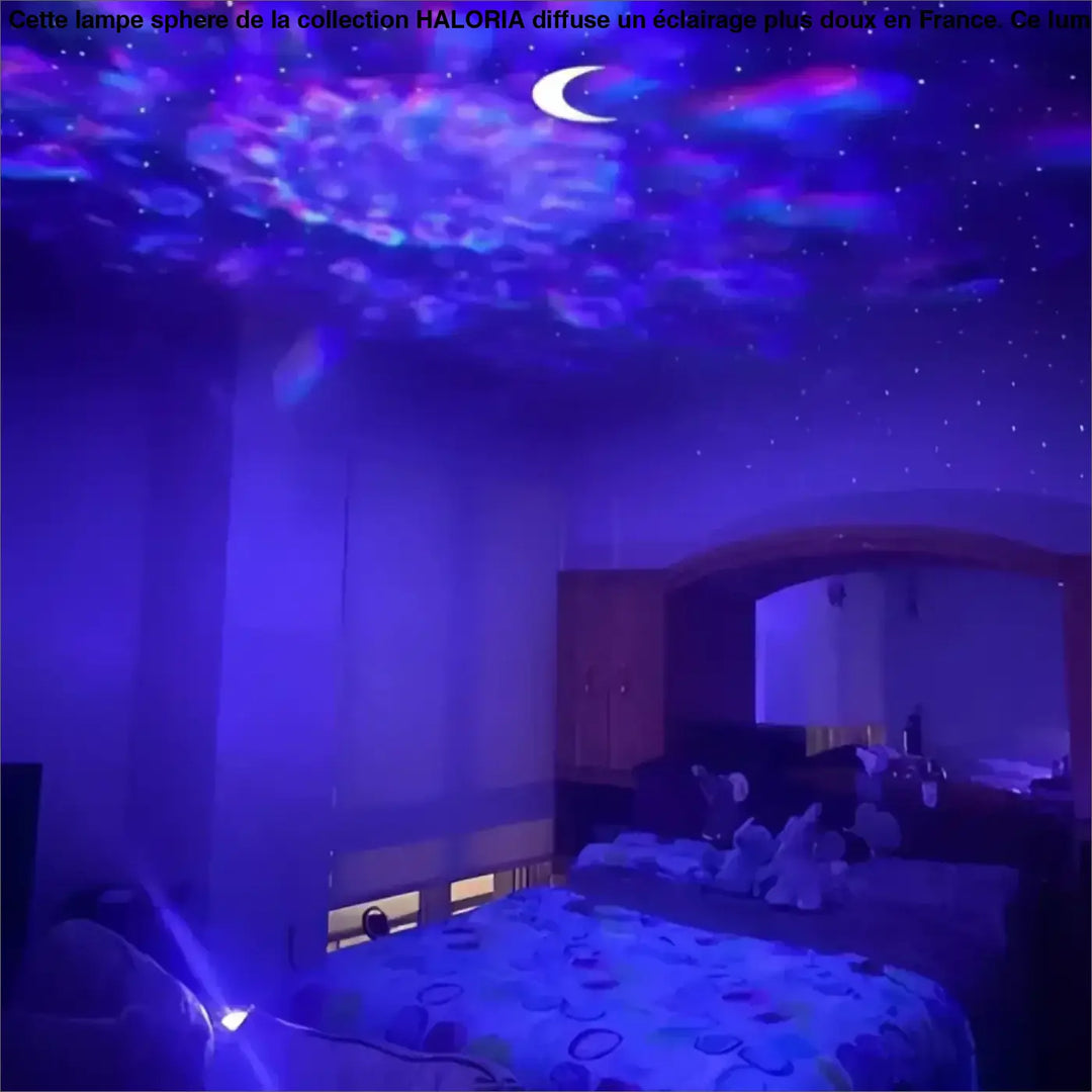 Lampe sphere haloria projection plafond ciel étoilé violet et bleu avec lune croissante lumineuse pour table d’appoint