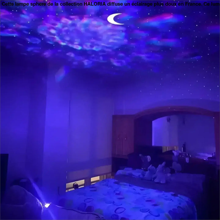 Lampe sphere haloria projection plafond ciel étoilé violet et bleu avec lune croissante lumineuse pour table d’appoint