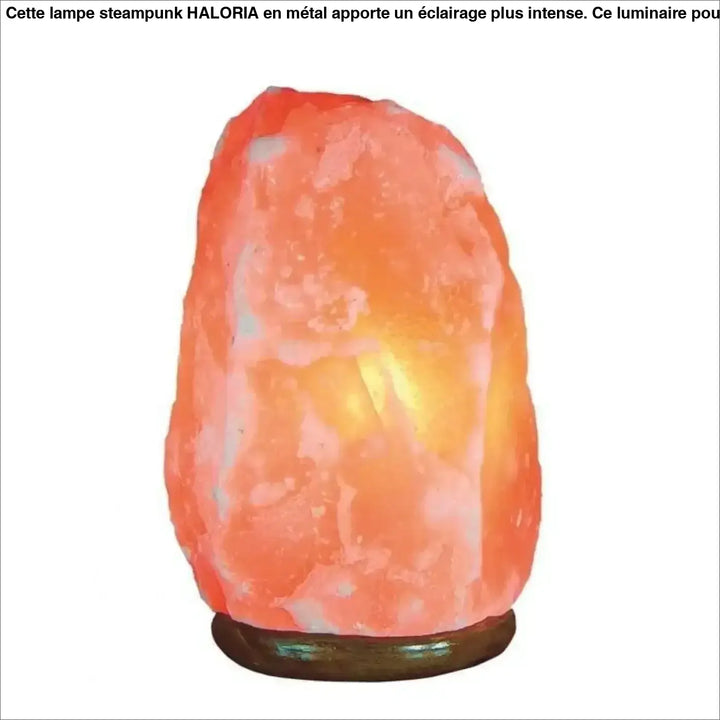 Lampe steampunk himalaya orange avec surface rugueuse et base sombre pour éclairage plus et table d’appoint