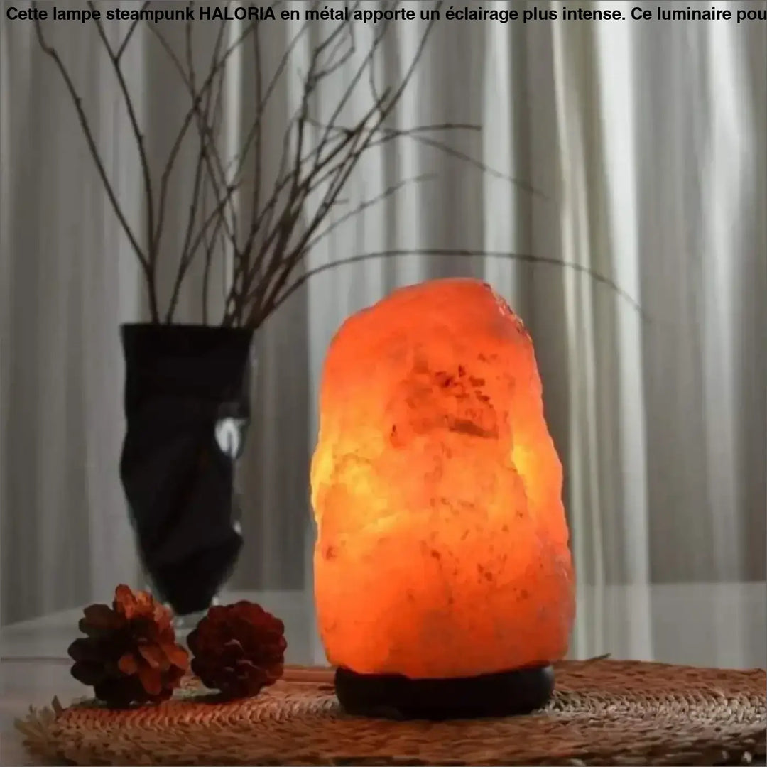 Lampe steampunk himalayen orange avec texture pierre naturelle et base noire pour table d’appoint et éclairage plus
