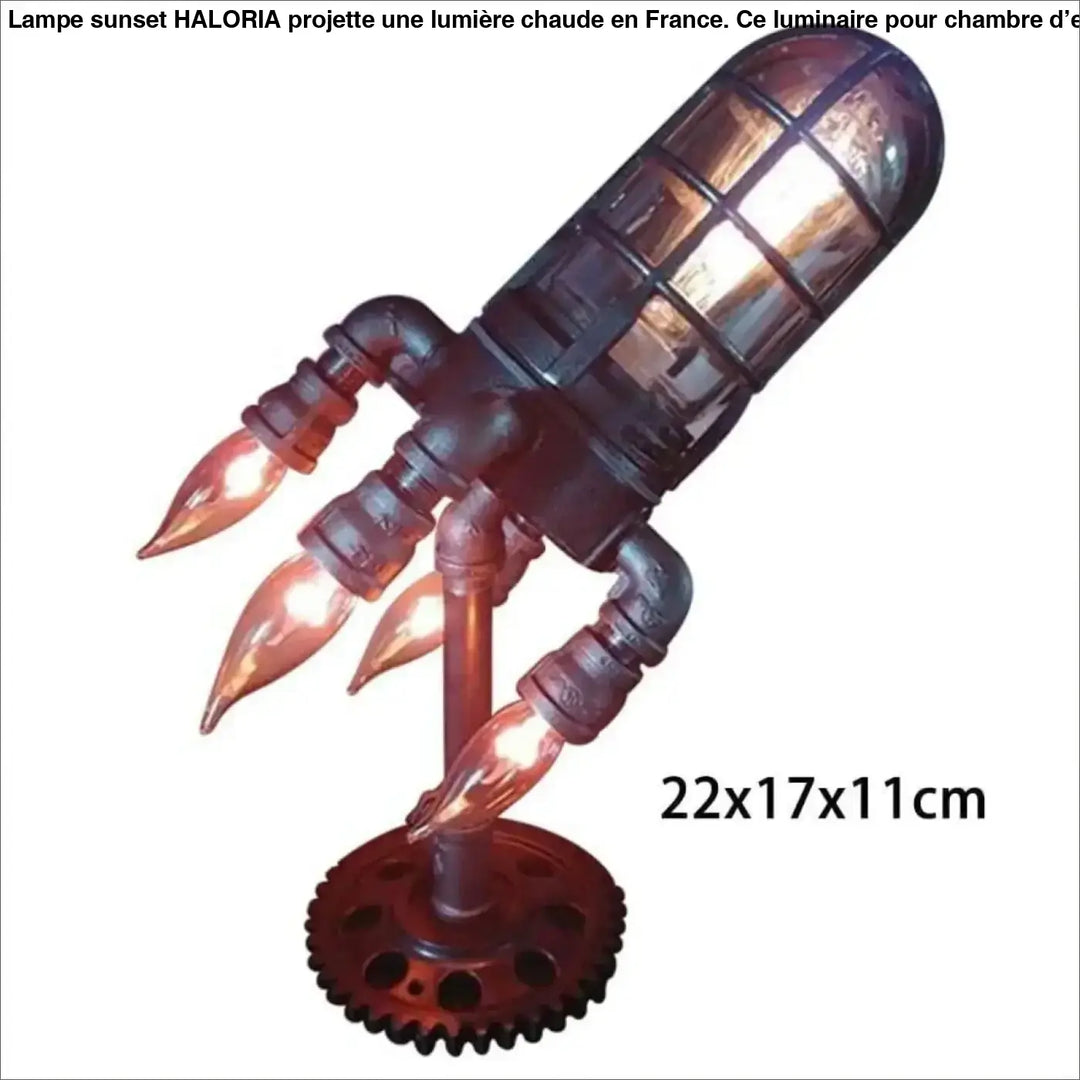 Lampe sunset haloria lampe de table style industriel rustique en forme de fusée avec corps métallique foncé et ampoules éclatantes idéale pour chambre d’enfant décoration plus