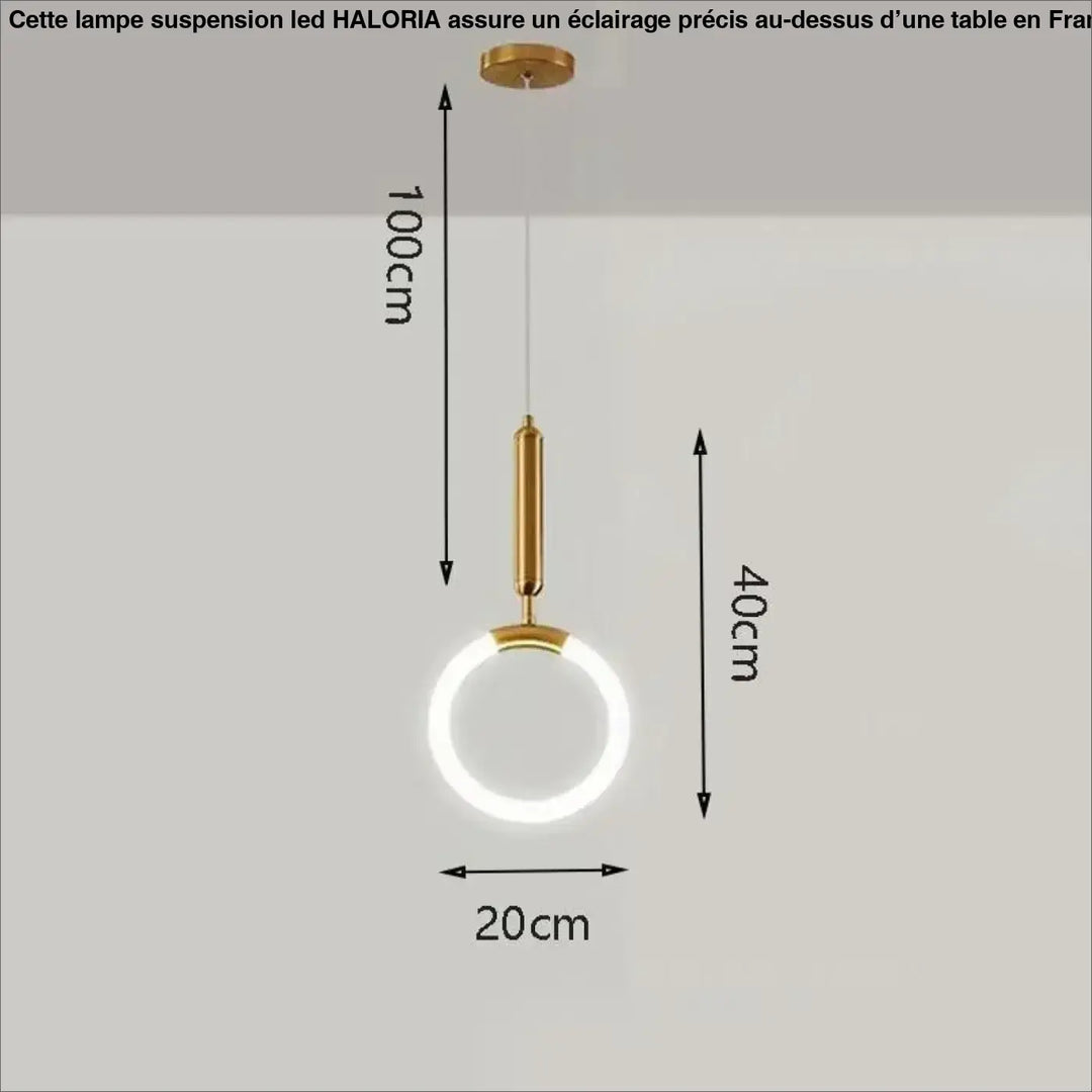 Lampe suspension led haloria en métal doré avec anneau lumineux blanc et tige cylindrique élégante moderne