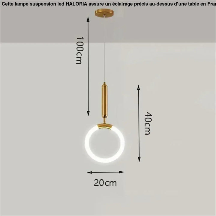 Lampe suspension led haloria en métal doré avec anneau lumineux blanc et tige cylindrique élégante moderne
