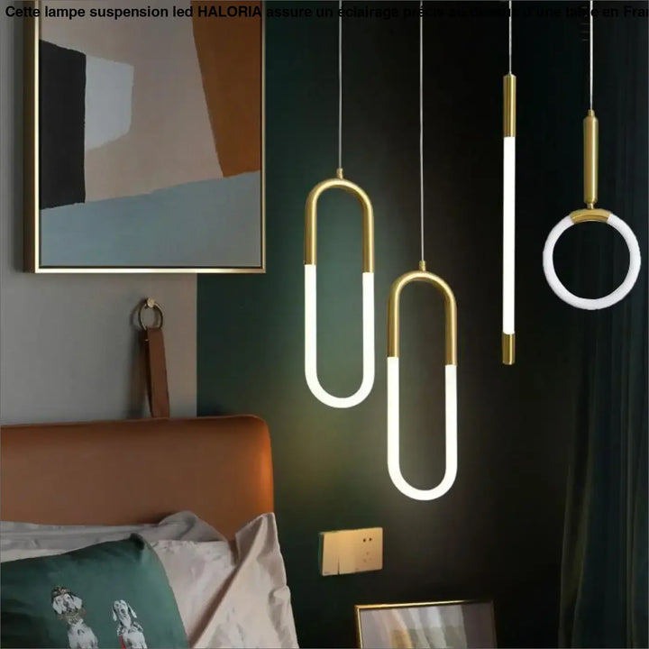 Lampe suspension led haloria avec design minimaliste en or et blanc, éclairage moderne suspendu au plafond