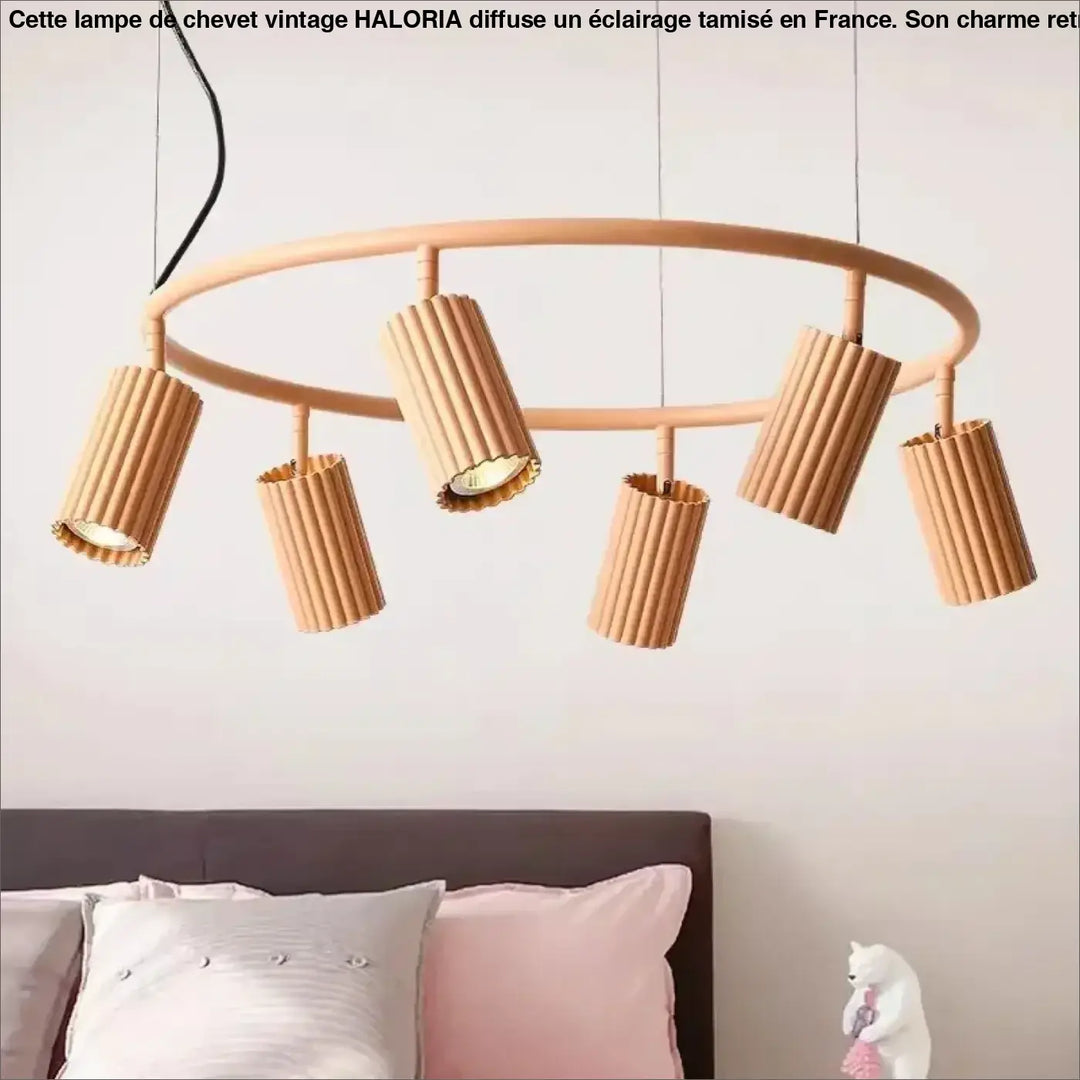 Suspension luminaire donna circle chandelier à six abat-jours cylindriques cannelés en bois naturel pour décoration esthétique