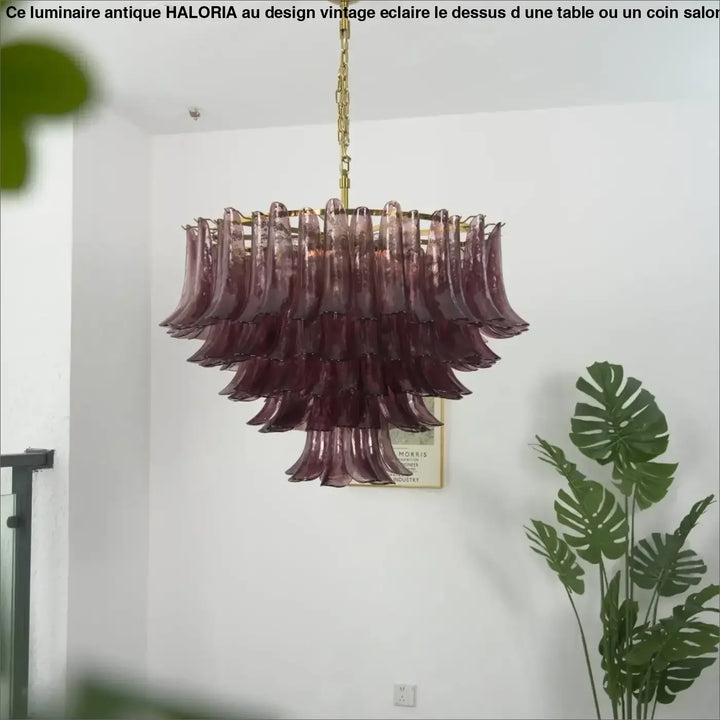 Suspension luminaire dicy avec abat-jours en verre soufflé améthyste translucide style art déco suspendue par chaîne dorée