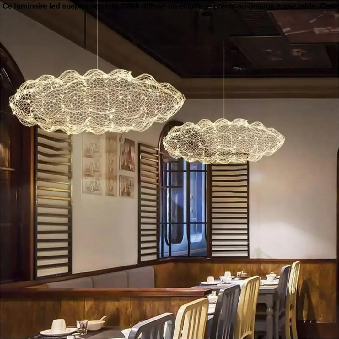 Luminaire led suspension haloria avec deux suspensions led en forme de nuage en treillis métallique délicat éclairage chaud