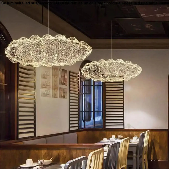Luminaire led suspension haloria avec deux suspensions led en forme de nuage en treillis métallique délicat éclairage chaud