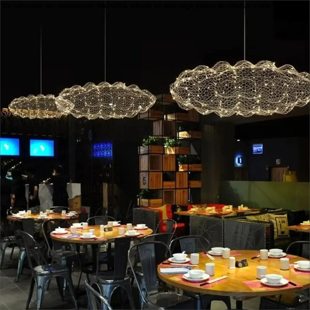 Luminaire led suspension haloria avec suspensions led en forme de nuage en fil métallique tissé et ampoules chaudes
