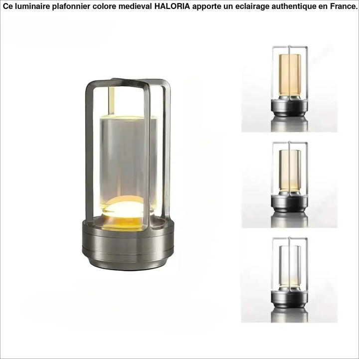 Lampe de table noctis en acier inoxydable avec cylindre en verre clair et source de lumière led chaude à batterie intégrée