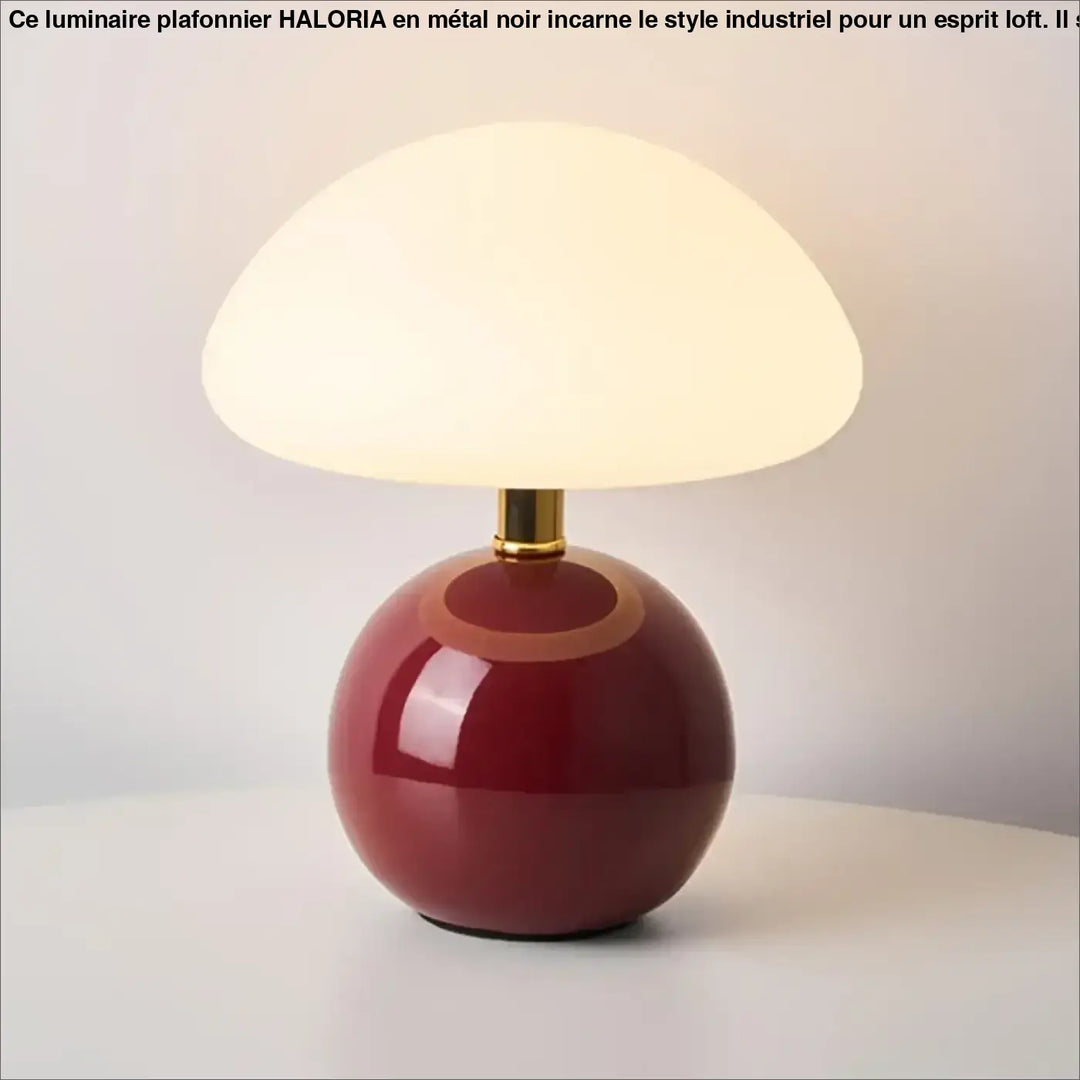 Lampe de table agaris en céramique rouge brillante avec base sphérique et abat-jour design champignon blanc diffus
