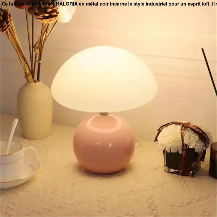 Lampe de table agaris design champignon en céramique rose pastel avec dôme en verre dépoli