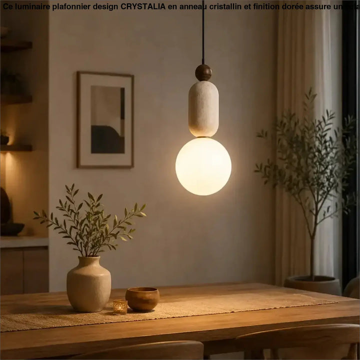 Suspension luminaire sora avec verre opalin sphérique chaud et éléments en pierre texturée beige mat
