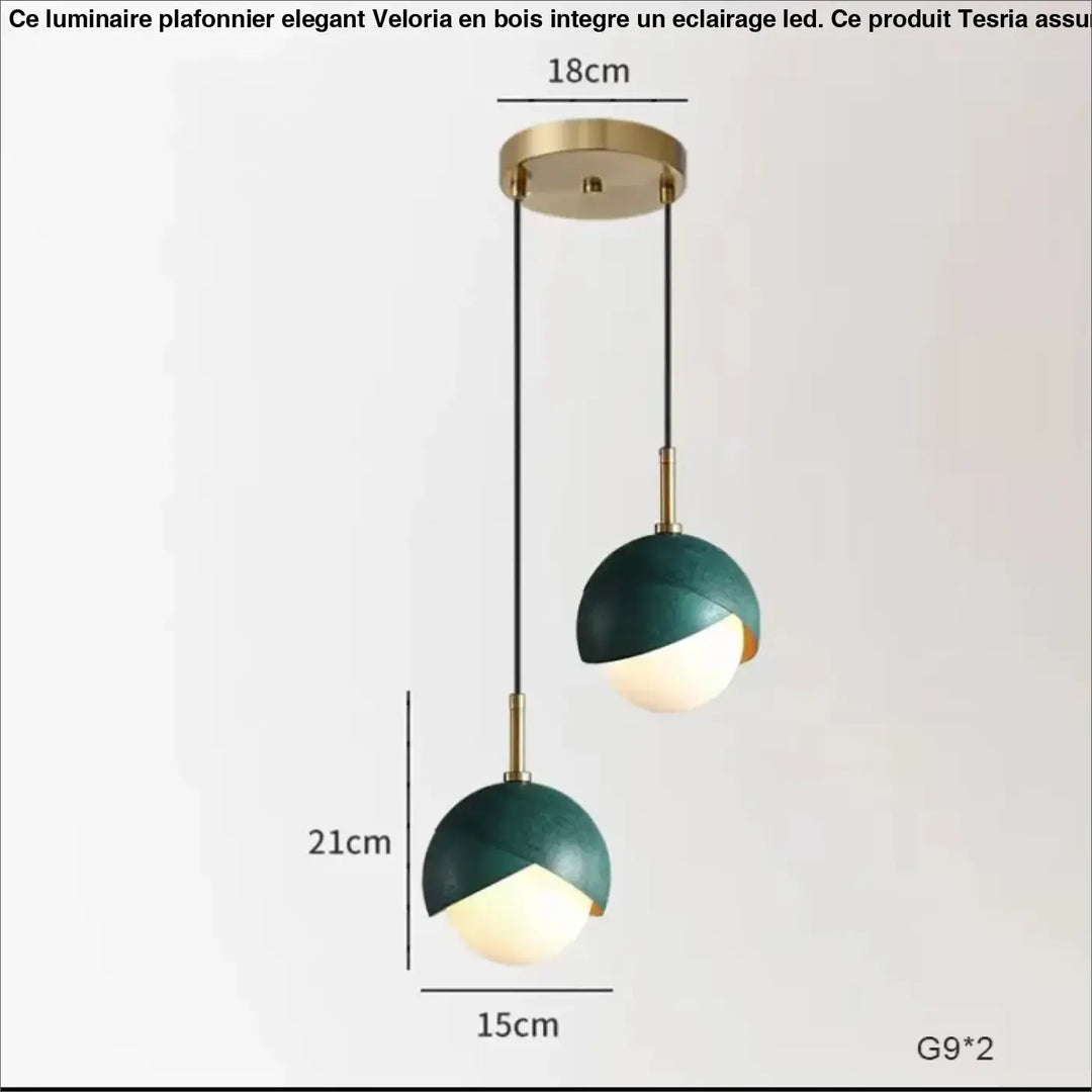 Luminaire plafonnier elegant en bois avec éclairage led vert et blanc et accents en laiton par veloria