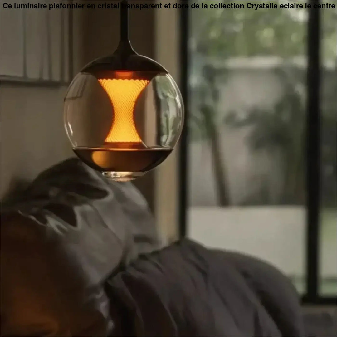 Suspension luminaire lumina en verre sphérique moderne avec un diffuseur central lumineux texturé et une lueur ambre chaleureuse