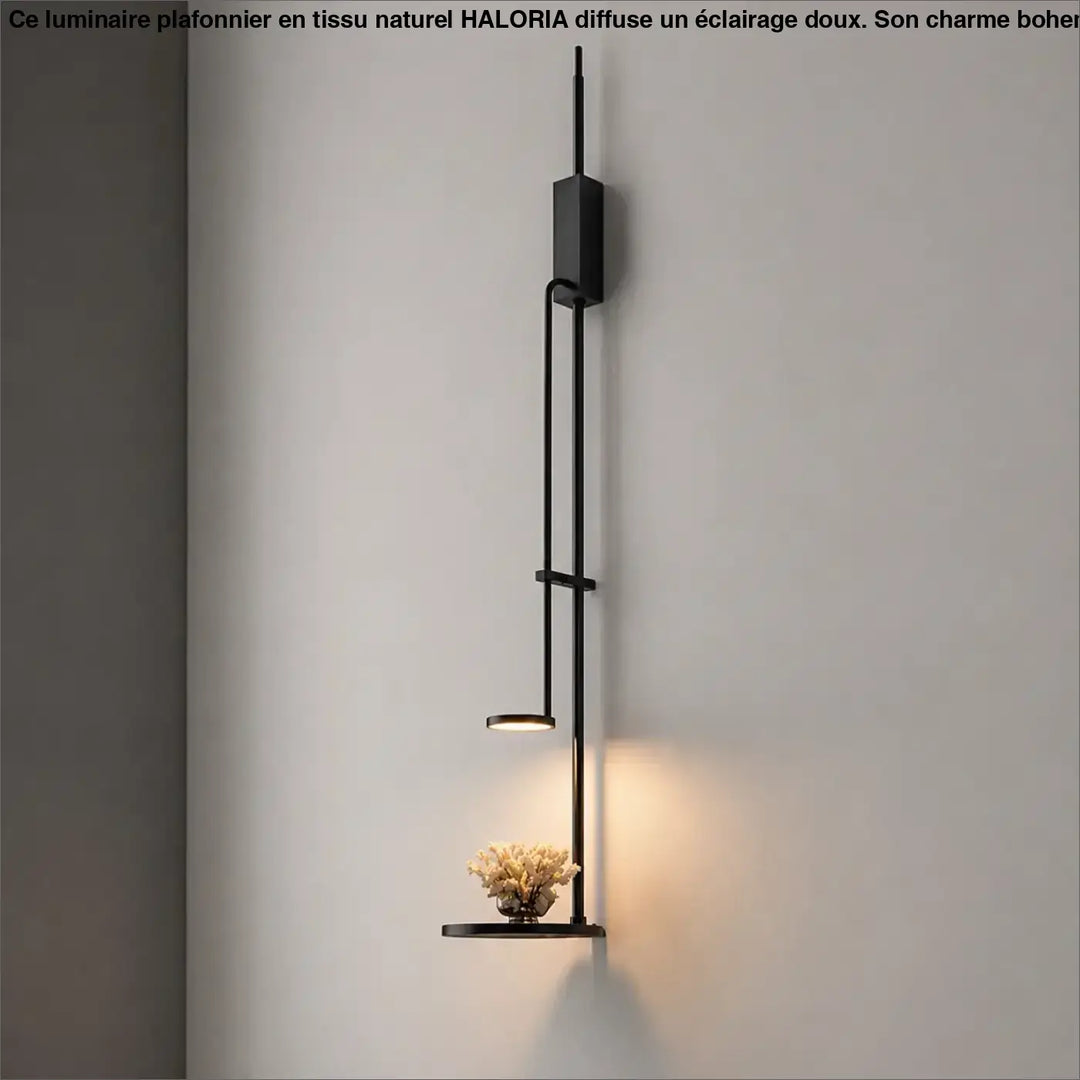 Applique murale auran noire minimaliste à design vertical avec deux luminaires et étagère intégrée pour décor floral séché