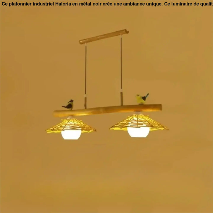 Suspension luminaire volantis en bambou rustique avec deux abat-jours tissés chaud et figurines d’oiseaux décoratives