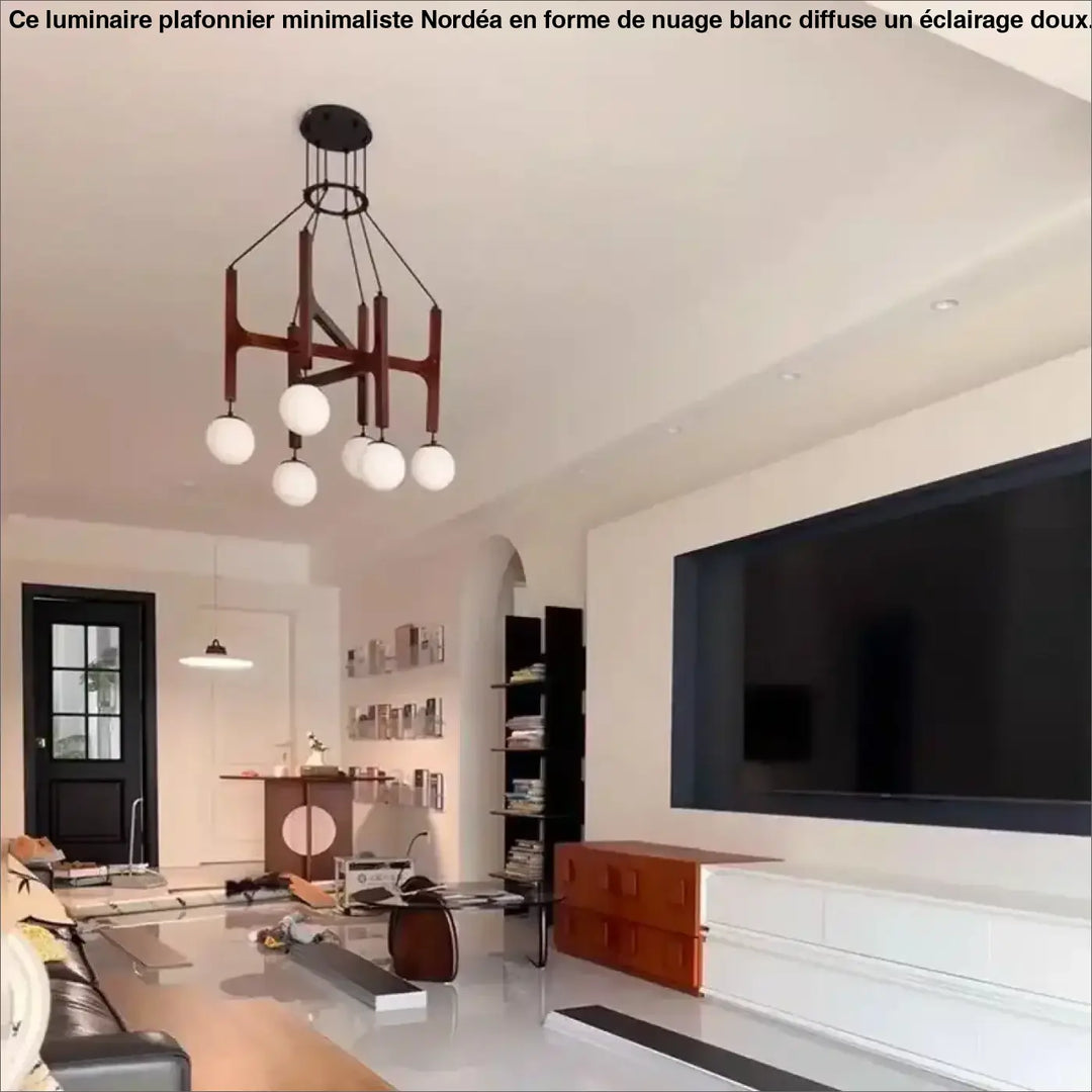 Suspension luminaire moderne orbia avec cadre en bois foncé et six globes en verre blanc sphériques