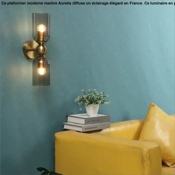 Applique murale trionr en laiton finition brass avec deux abat-jour en verre fumé et ampoules à lumière chaude murale moderne