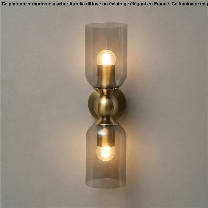 Applique murale moderne trInor en finition laiton avec deux abat-jours en verre fumé et ampoules apparentes
