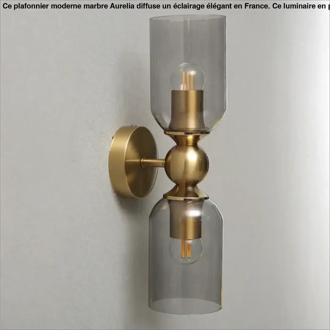 Applique murale moderne trino en laiton avec deux abat-jours en verre fumé et ampoules filament apparentes