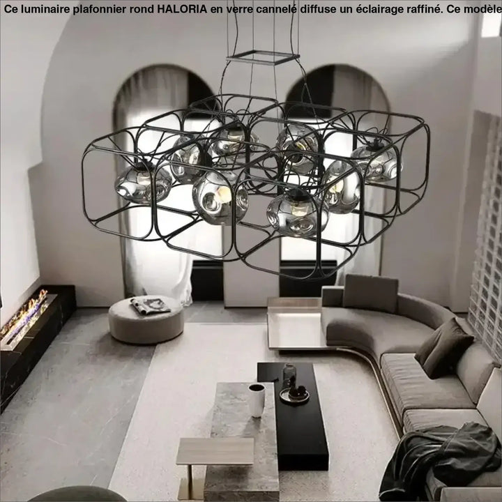 Suspension luminaire nexora en métal noir avec plusieurs ampoules sphériques en verre pour un luminaire design moderne