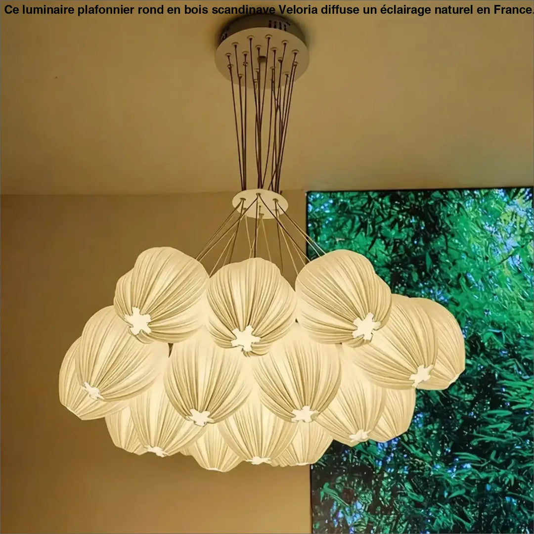 Luminaire plafonnier rond en bois scandinave veloria avec suspension crème en tissu côtelé de design moderne