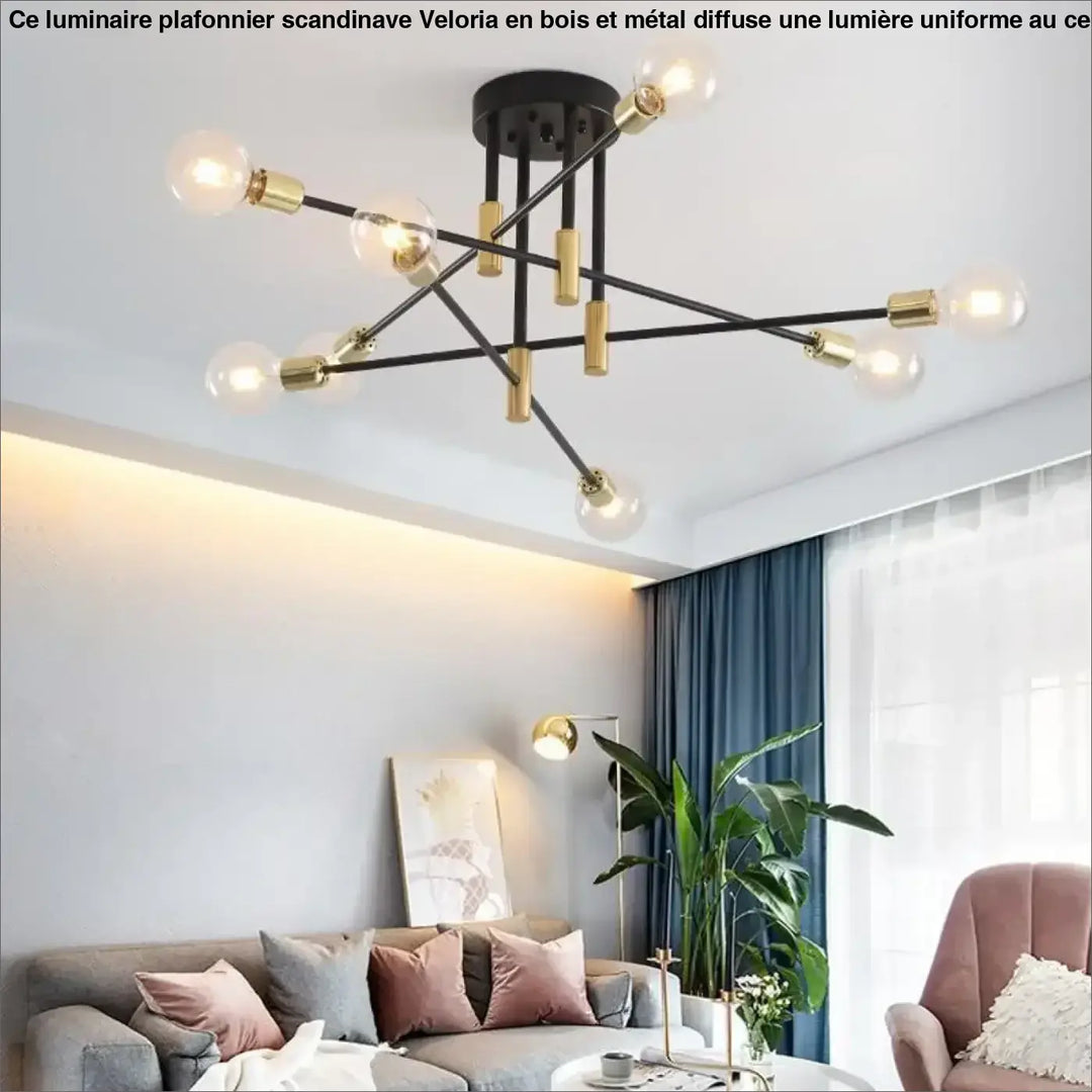 Luminaire plafonnier scandinave veloria noir et or avec plusieurs ampoules apparentes design moderne