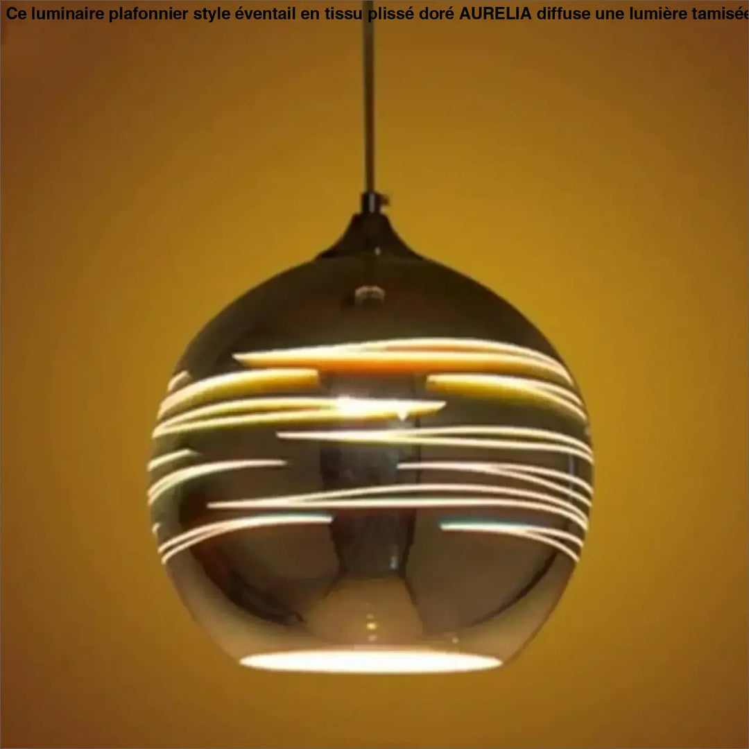Suspension luminaire rizon en verre fumé sphérique aux reflets lumineux dorés concentriques