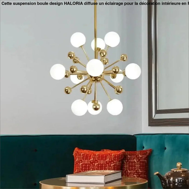 Luminaire suspension boule design haloria en métal doré avec ampoules sphériques blanches en motif étoile