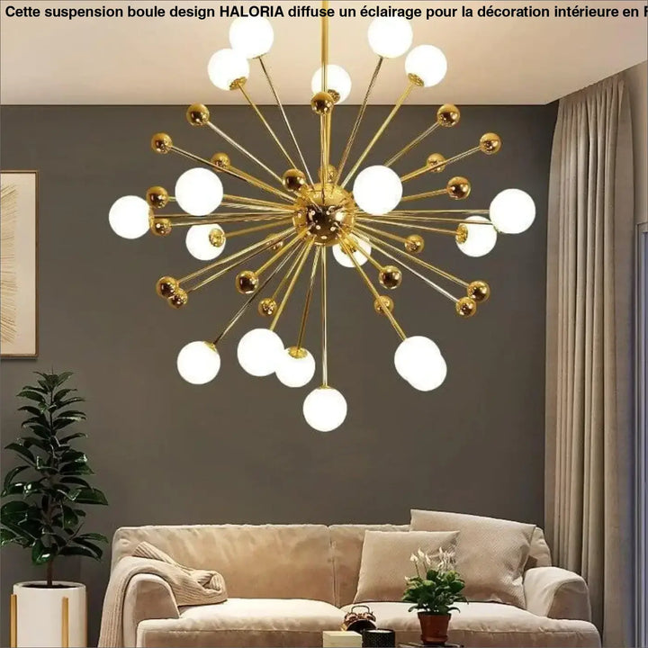 Luminaire suspension boule haloria en métal doré avec multiples globes en verre blanc en étoile radiale
