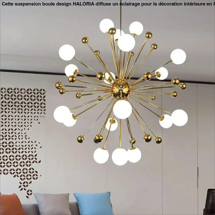 Luminaire suspension boule design haloria avec suspension boule design dorée et globes en verre dépoli froissé