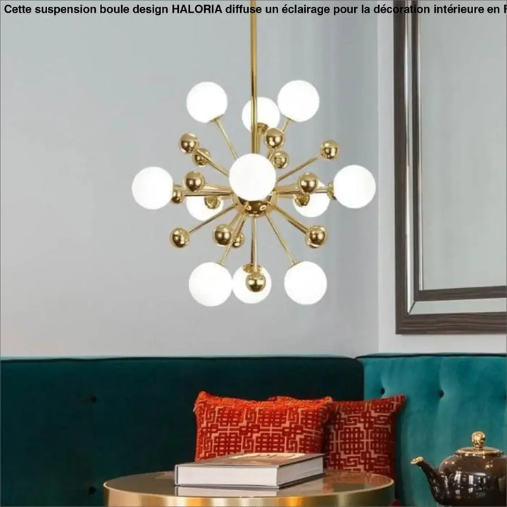 Luminaire suspension boule design haloria avec chandelier atomique doré et globes en verre dépoli multiples