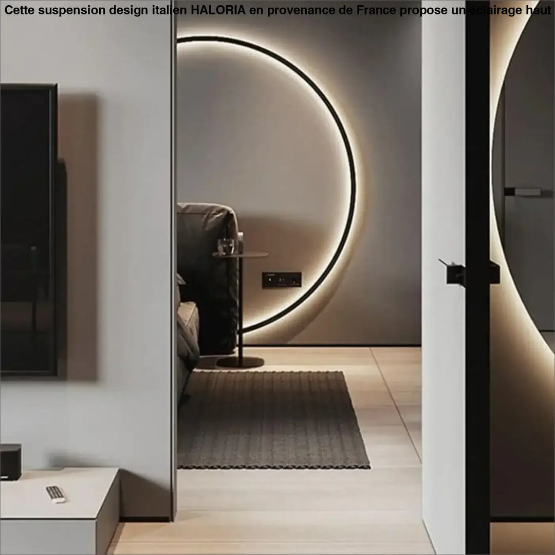 Luminaire suspension design italien haloria avec cadre noir élégant et lumière led circulaire à ambiance chaleureuse