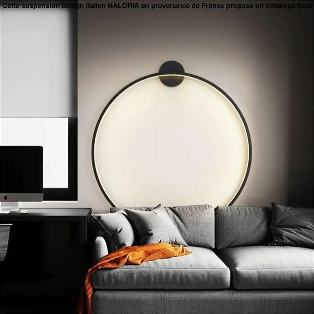 Luminaire suspension design italien haloria avec applique murale circulaire moderne cadre noir et lumière diffuse chaude