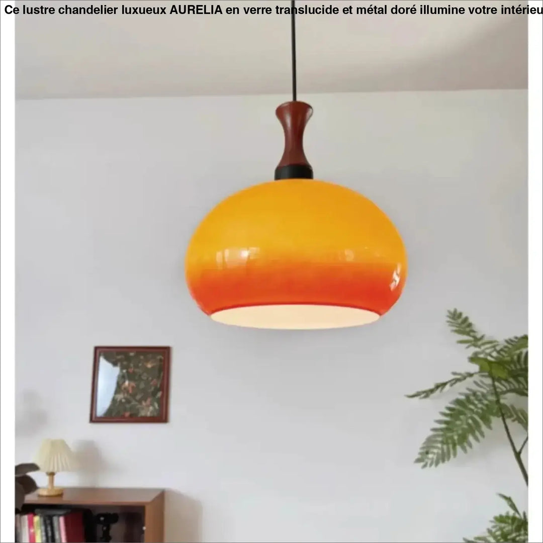 Suspension luminaire angy avec abat-jour en verre brillant dégradé orange et sommet en bois pour décoration intérieure style vintage revisité