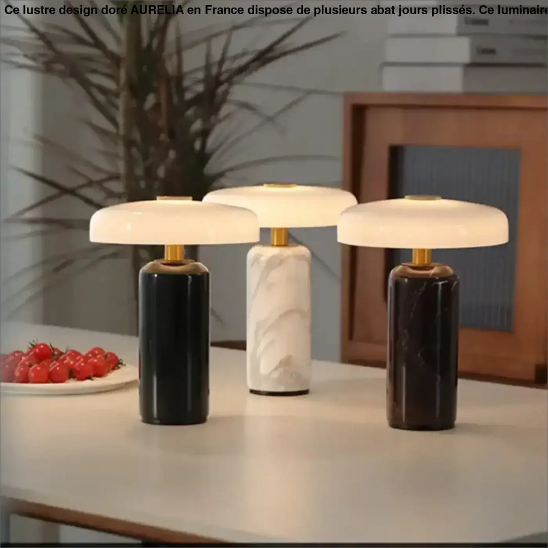 Trois lampes de chevet aurora avec base cylindrique effet marbre noir blanc veiné et brun foncé plus qu’un éclairage