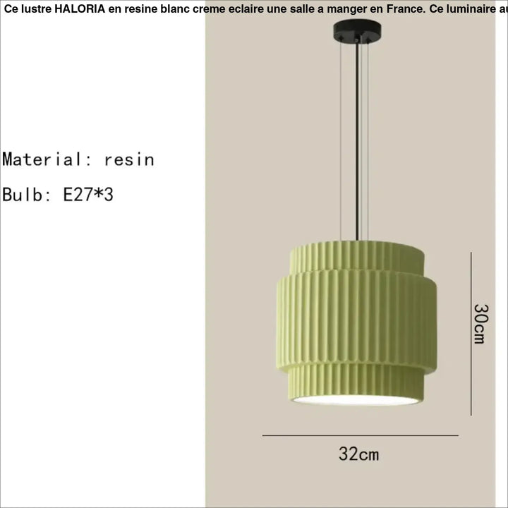 Suspension luminaire crebia en résine verte clair avec design strié à étages et trois ampoules e27
