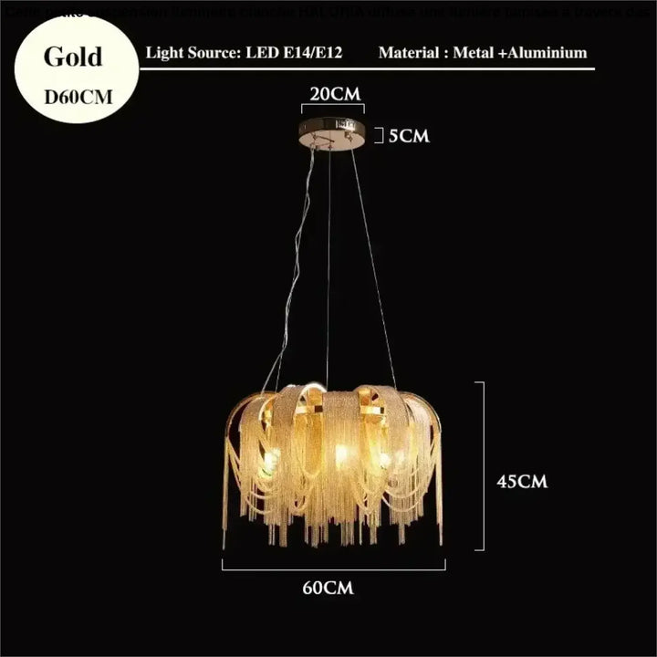 Suspension luminaire design dorée à chaînes lumineuses