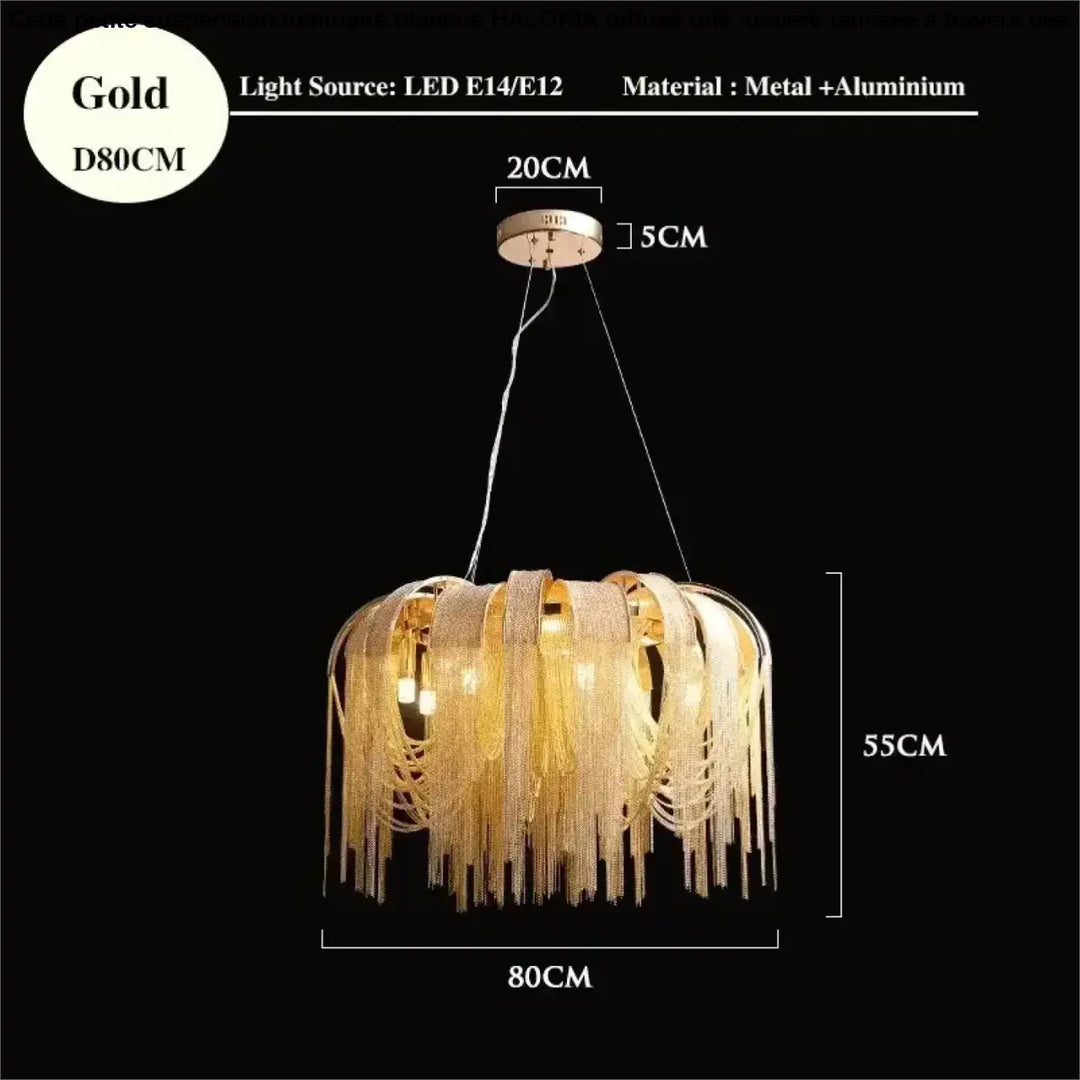Suspension luminaire design dorée à chaînes lumineuses