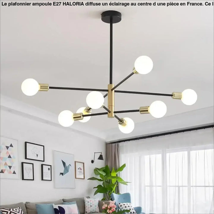 Plafonnier ampoule e27 modern noir et laiton avec ampoules blanches sphériques design haloria
