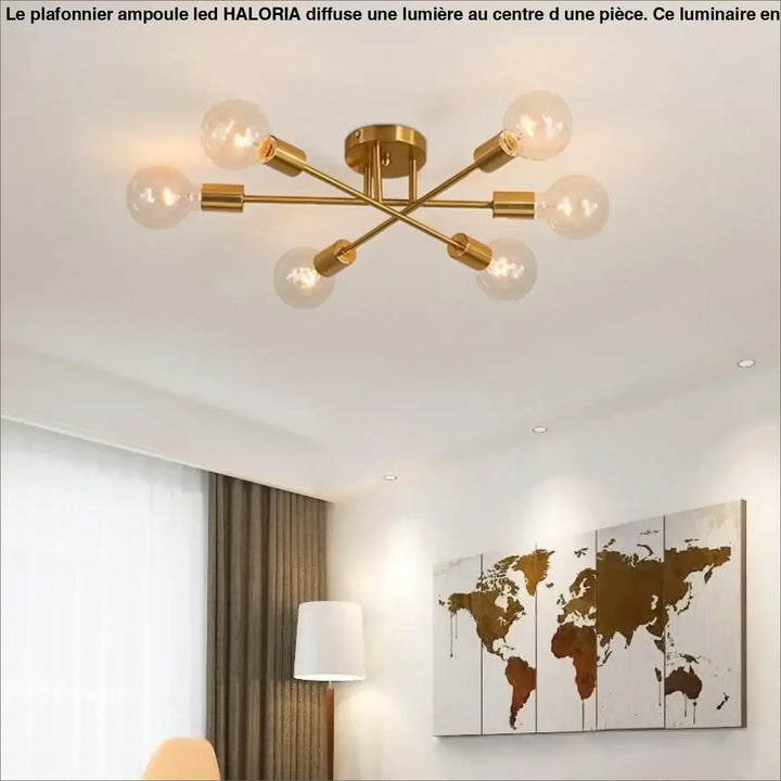 Plafonnier ampoule led gold ton with six exposed bulb sockets in a starburst modern design by haloria