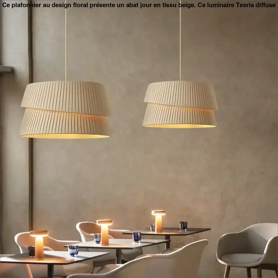 Beige suspension luminaire with pleated design and warm diffused light for elegant lampes suspendues lighting