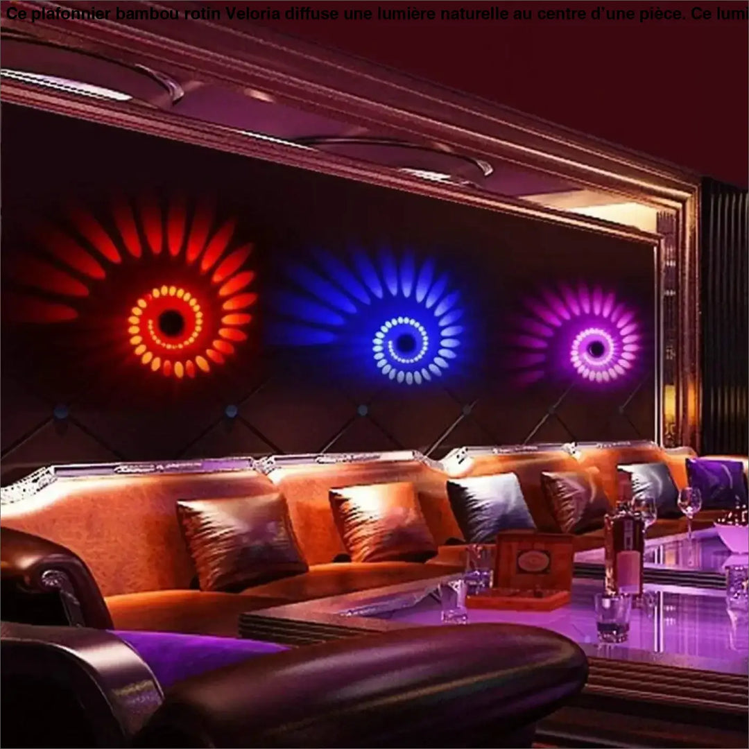 Trois plafonniers bambou rotin muraux illuminés avec un éclat radial rouge orange bleu et violet veloria