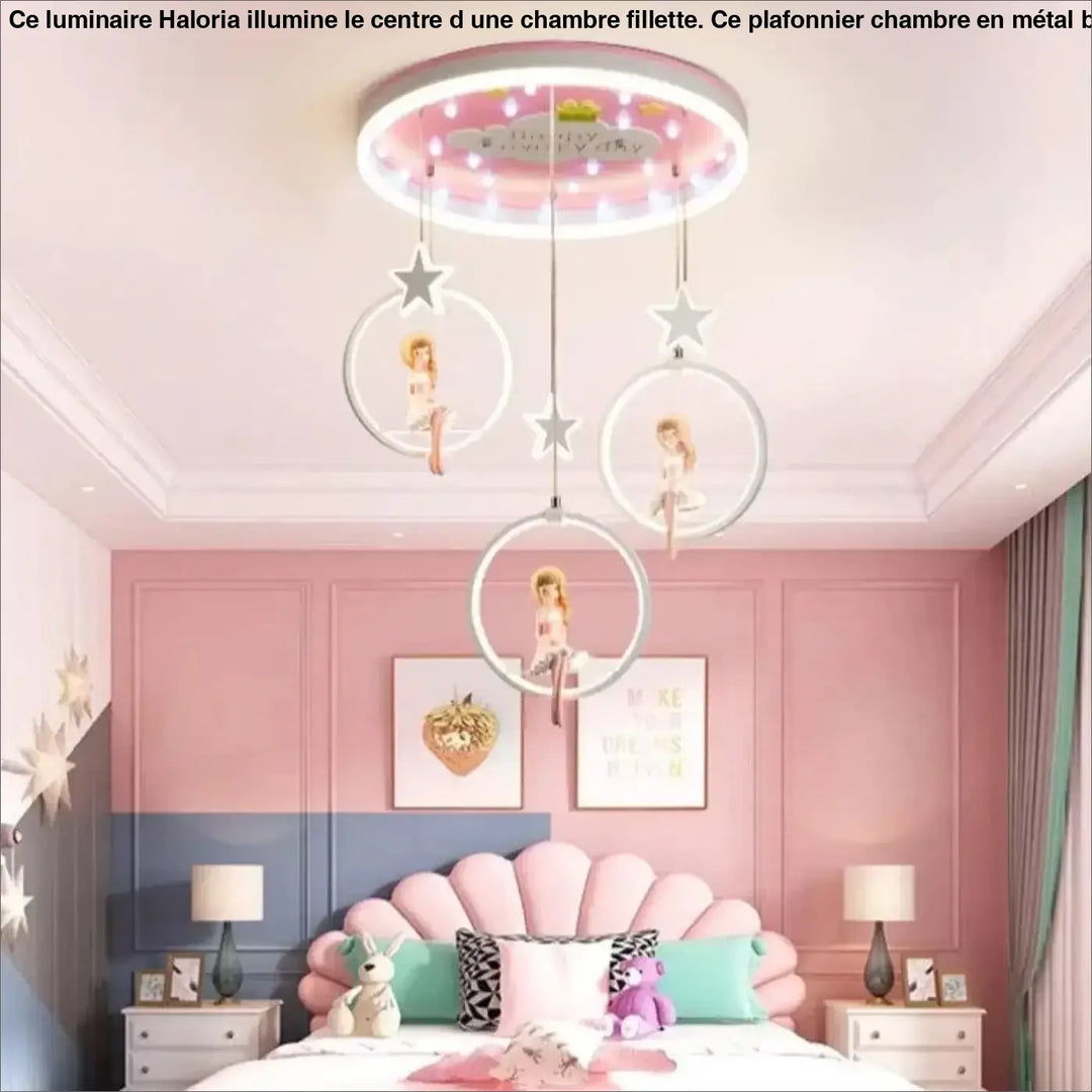 Plafonnier chambre fillette haloria rose circulaire avec étoiles et poupées suspendues pour chambre fillette
