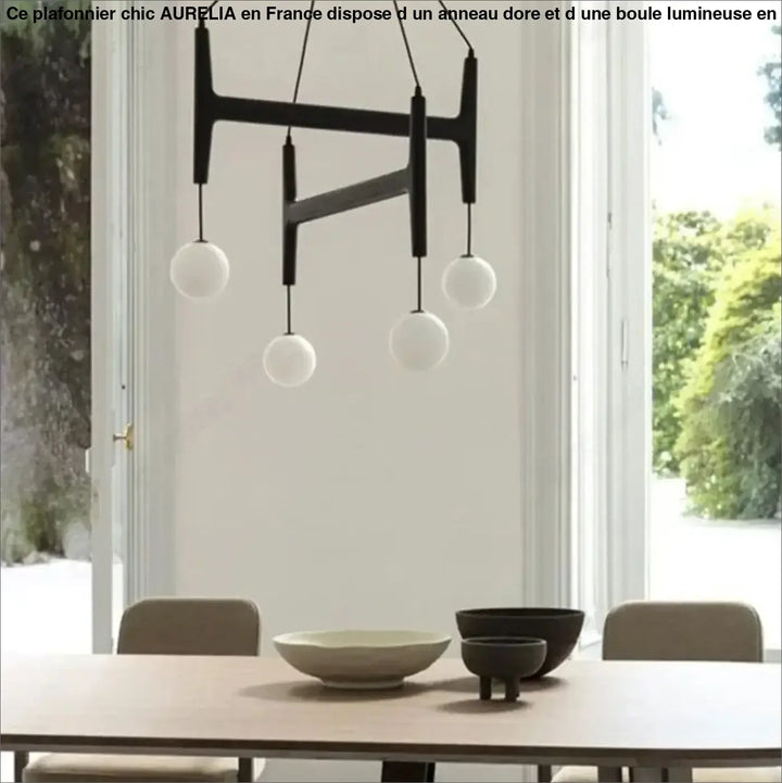 Suspension luminaire gradia noir en forme géométrique avec quatre globes en verre blanc pour besoin d’ouvrir espace