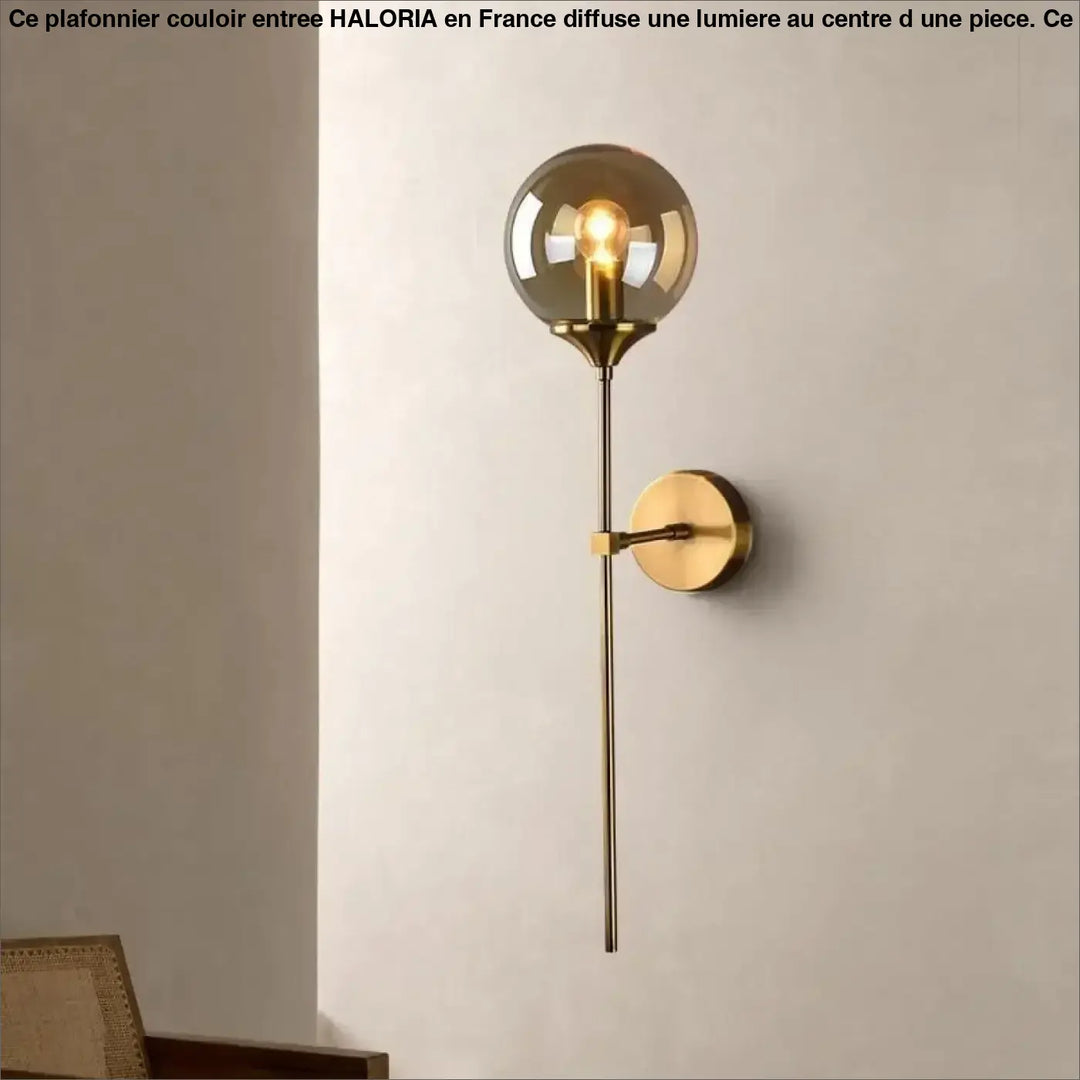 Plafonnier couloir entree haloria avec une applique murale finition laiton et globe en verre fumé au centre d’une entrée